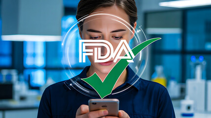 Person in lab using smartphone with digital fda logo and green checkmark symbolizing medical approval, research validation, and innovation