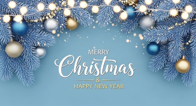 Elegant merry christmas greeting with festive blue fir branches and warm string lights