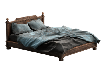 Rustic wooden bed with rumpled blue and grey bedding on black background antique furniture, Isolated On Transparent Background, Png Cut Out