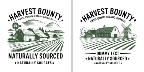 Vintage farm logo badges with barn, windmill and fields in engraving style for organic natural branding