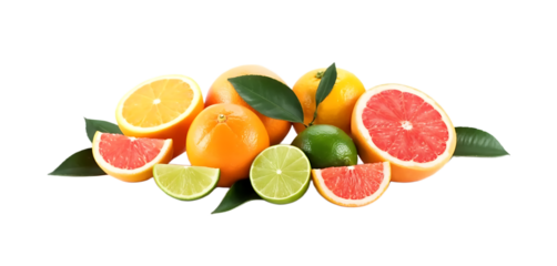 Fresh ripe citrus fruits and green leaves isolated on white