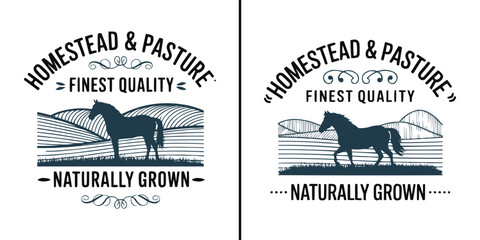 Homestead and pasture vintage farm logo with horse silhouette and scenic field illustration for organic natural brand identity
