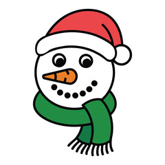 Cheerful Snowman Illustration Wearing a Red Santa Hat and Green Scarf Holiday Season Festive Fun Winter Celebration Cartoon Character Isolated on White Background