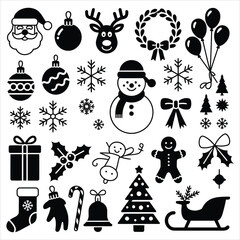 Festive Christmas Collection Black and White Icons Featuring Santa Reindeer Snowflakes and Holiday Elements for Festive Designs and Season Greetings