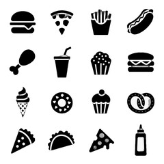 Collection of black silhouette icons representing various fast food and dessert items