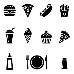 Set of black silhouette icons representing various food items and dining elements including burgers, pizza, hot dogs, fries, drinks, desserts, and tableware.