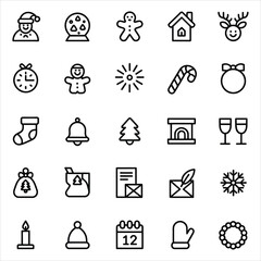 Festive Holiday Season Icon Set Featuring Christmas and New Year Elements in Minimalist Outline Design Offering Versatile Graphic Resources