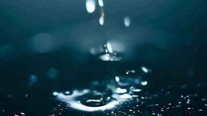 Macro view of water drops falling into a dark, moody blue liquid surface, creating a clear ripple. Great for purity, environment, and clean technology. - Powered by Adobe