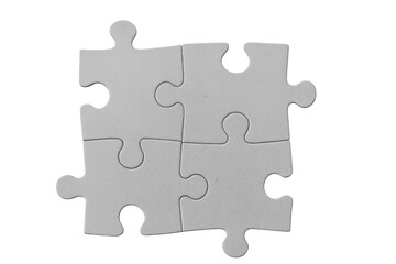 Fototapeta premium Four white jigsaw puzzle pieces connecting, symbolizing teamwork, problem solving, strategy, and business solution