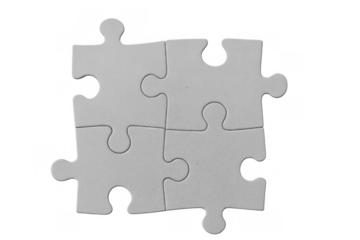 Four white jigsaw puzzle pieces connecting, symbolizing teamwork, problem solving, strategy, and business solution