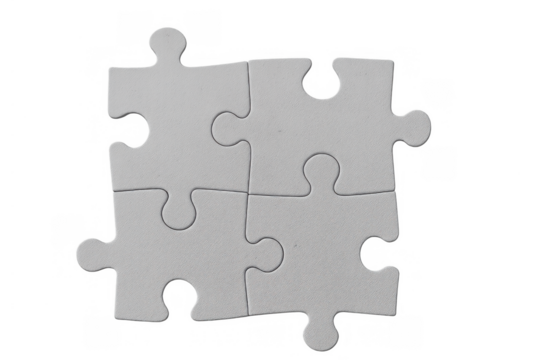 Four white jigsaw puzzle pieces connecting, symbolizing teamwork, problem solving, strategy, and business solution