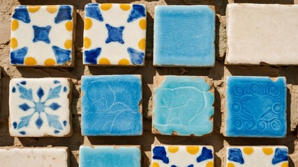 Colorful ceramic tiles with blue and yellow patterns arranged on a textured surface