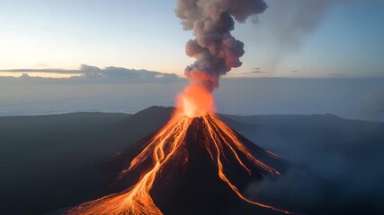 Dramatic aerial view of a powerful volcano erupting with glowing lava flows and ash plume at dusk - Powered by Adobe