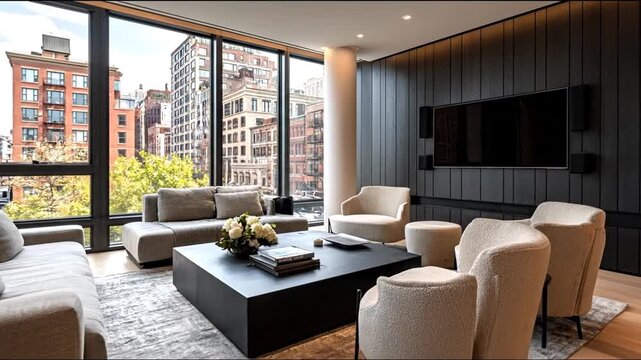 Modern living room interior luxury apartment with city view daytime elegant furniture