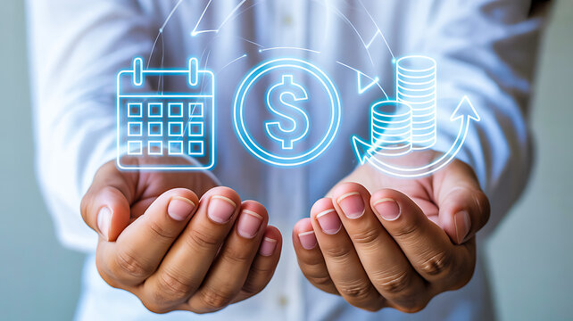 Digital financial planning concept with calendar, dollar sign, and investment icons floating above open hands in white shirt
