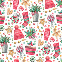 Watercolor seamless Christmas pattern with cozy winter elements — mittens, cupcakes, candy, and fir branches. Hand-painted festive illustration perfect for wrapping pape