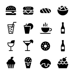 Collection of black silhouette icons representing various food and beverage items including burgers, drinks, desserts, and snacks.