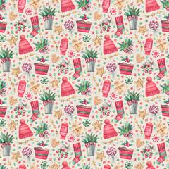 Watercolor seamless Christmas pattern with cupcakes, mittens, hats, cookies and holly branches on light background. Hand-painted festive illustration perfect for wrapping paper