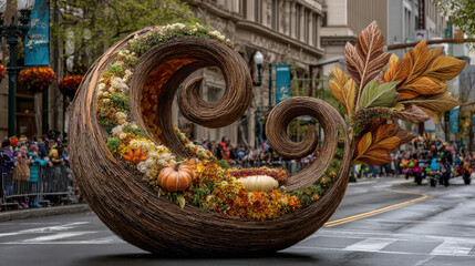 Large, intricately designed cornucopia float adorned with autumn leaves, pumpkins, and flowers parades down city street during festive event. scene is lively and colorful