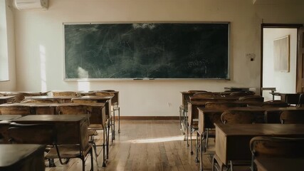 An empty classroom with rows of old wooden desks, a blackboard, and natural light shining through a window - Powered by Adobe