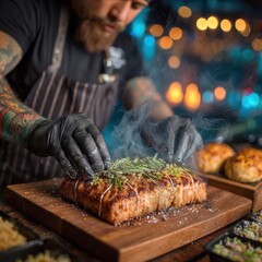A bearded chef, tattooed, carefully places herbs on a large, cooked meat dish on a wooden board