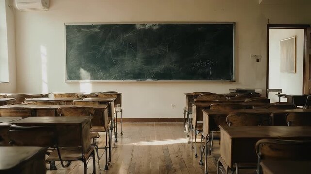 An empty classroom with rows of old wooden desks, a blackboard, and natural light shining through a window