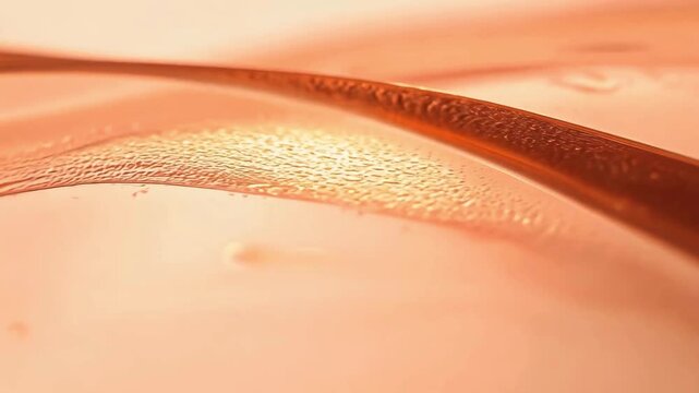 Close-up of a luxurious rose gold liquid surface moving smoothly. Ideal for cosmetic, clean beauty, perfume, chemical, and elegant abstract backgrounds.