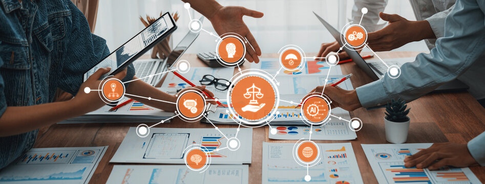 Explore the dynamic interplay of business ethics in decision making. This image showcases collaboration and responsibility among professionals in a corporate environment. Amity