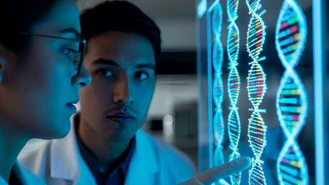 Scientists analyzing DNA sequences on a digital screen in a lab