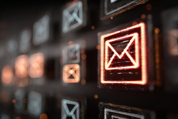 Digital Communication: A captivating visual metaphor of email icons, a glowing digital realm that conveys the core of modern messaging, connection and network.