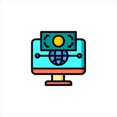 Computer displays money and globe symbolizing global online finance and transactions, representing modern digital economy and international business.