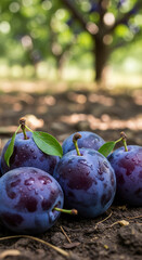 Des prunes fra&icirc;ches pendent de l'arbre, scintillantes de ros&eacute;e sous la chaude lumi&egrave;re du soleil, promettant une friandise d&eacute;licieuse et saine issue de la g&eacute;n&eacute;rosit&eacute; de la nature