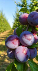 Des prunes fra&icirc;ches pendent de l'arbre, scintillantes de ros&eacute;e sous la chaude lumi&egrave;re du soleil, promettant une friandise d&eacute;licieuse et saine issue de la g&eacute;n&eacute;rosit&eacute; de la nature