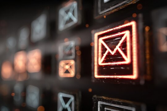 Digital Communication: A captivating visual metaphor of email icons, a glowing digital realm that conveys the core of modern messaging, connection and network.