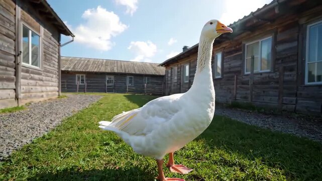 there is a white duck standing in the grass near a building