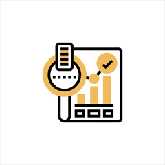 Magnifying glass analyzes bar graph on document, representing data analysis and business growth in a minimalist style.