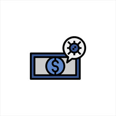 Dollar bill shows coronavirus symbol in speech bubble representing the economic impact of the pandemic, conveying financial concerns and global crisis.