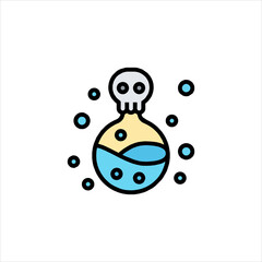 Poison bottle with skull and bubbles brews a dangerous potion, symbolizing toxicity and danger in a laboratory setting.