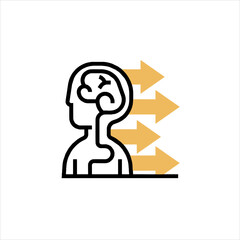Person with brain activity sends thoughts outward with arrows, representing mental projection and cognitive function, in a minimalist and conceptual style.