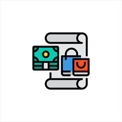 Money and shopping bags displayed on a scroll represent financial planning and consumerism in a modern, minimalist style.