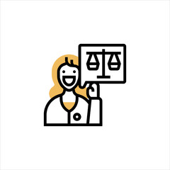 Smiling woman holds sign with scales representing justice and fairness in a courtroom, symbolizing legal representation and equality under the law.