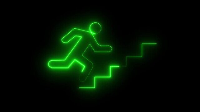 Neon green running man icon ascending stairs on black background symbol emergency exit