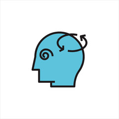 Head with swirling arrows represents confusion and mental fog on a white backdrop, symbolizing mental health challenges and cognitive difficulties.