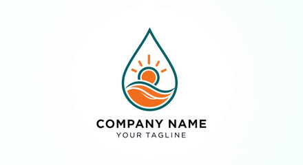 Creative water drop logo with sun and waves inside.
