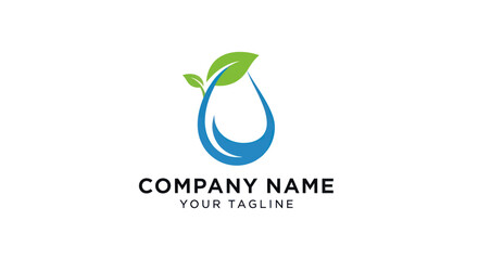 Eco friendly water drop logo with green leaves representing nature and purity.