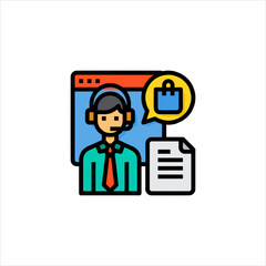 Customer service representative assisting with online shopping order through website, providing support and information with friendly and helpful demeanor.