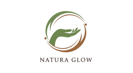 Natura Glow logo design with a green hand in a circular swoosh.