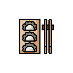 Dumplings in wooden container sit beside chopsticks, ready to be eaten, showcasing asian cuisine and culinary traditions.