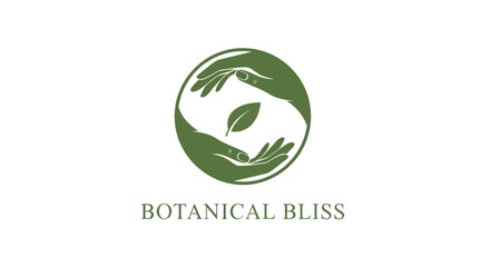 Botanical Bliss Logo - Hands Holding Leaf in Green Circle for Natural Wellness.