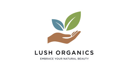 Lush Organics Logo Depicting Hand Holding Leaves Natural Beauty.